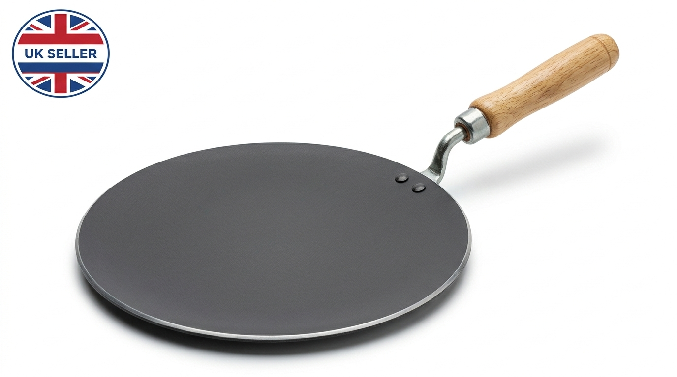 10 inch Non-Stick Iron Tawa Griddle Pan with Wooden Handle – Flat Round Chapati & Roti Tawa for Gas & Open Flame Cooking