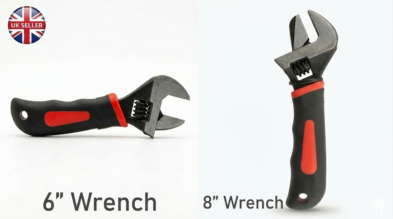 6/8 Inch Stubby Adjustable Wrench – 150mm, Soft Grip Handle, Serrated Jaws, Compact Short Body