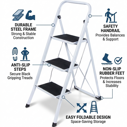 3 Step Folding Steel Step Ladder – Anti-Slip Steps Safety Handle Rubber Feet Lightweight Home Kitchen Loft DIY Use