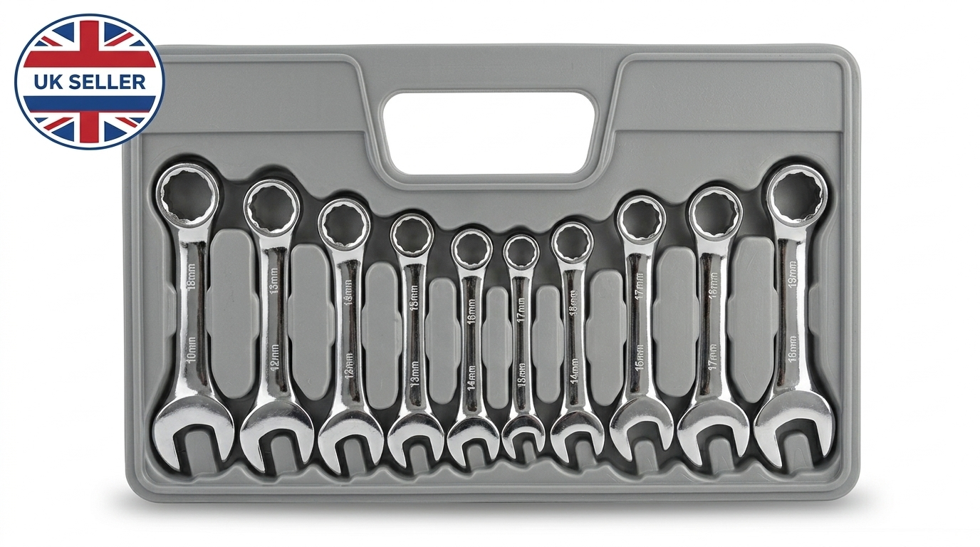 10 Piece Stubby Combination Spanner Set – 10 to 19mm, Drop Forged Carbon Steel, Fully Polished Chrome