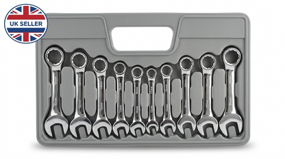 10 Piece Stubby Combination Spanner Set – 10 to 19mm, Drop Forged Carbon Steel, Fully Polished Chrome