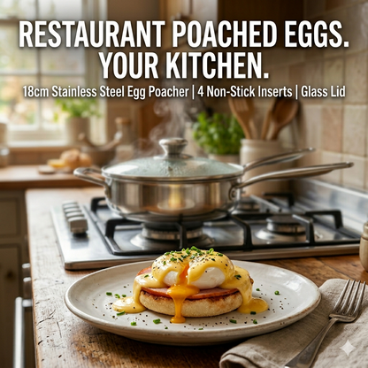 18CM Stainless Steel Egg Poacher Pan with 4 Non-Stick Inserts & Glass Lid – Removable Cup Tray, Steam Vent, Single Handle – Perfect Poached Eggs Every Time – Gas & Electric Hob