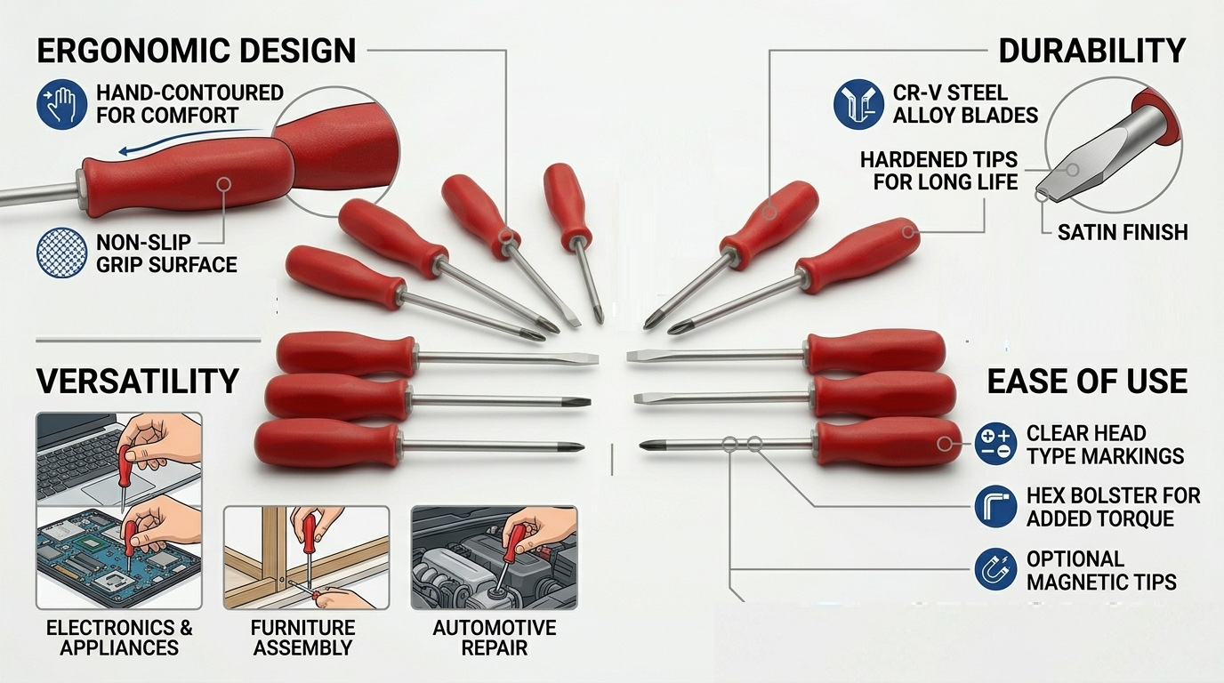 12 Piece Engineers Screwdriver Set – CR-V Hardened Steel, Magnetic Tips, Hex Bolster, Satin Finish, Carry Case