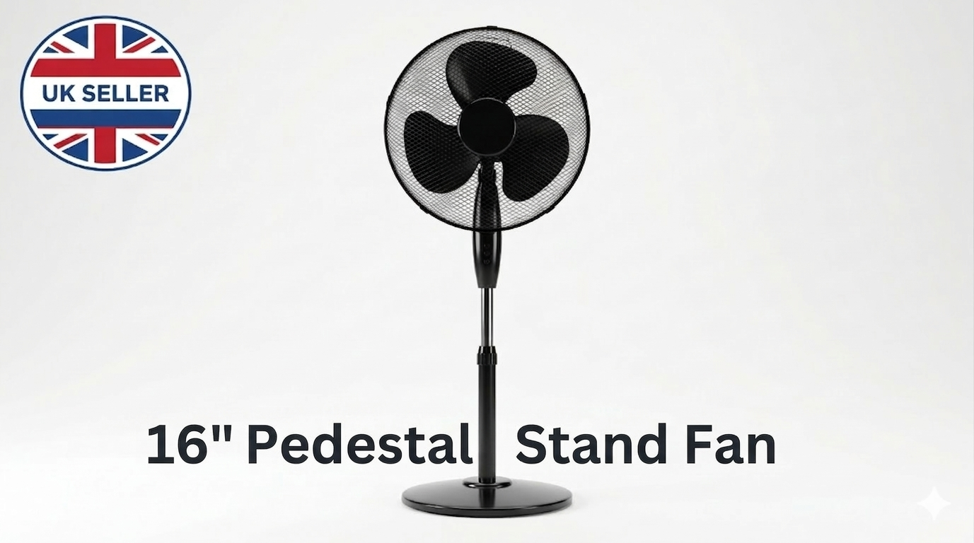 16 Inch Oscillating Stand Fan with Round Base | 3 Speed Silent Pedestal Fan | White & Black | 40cm UK Plug