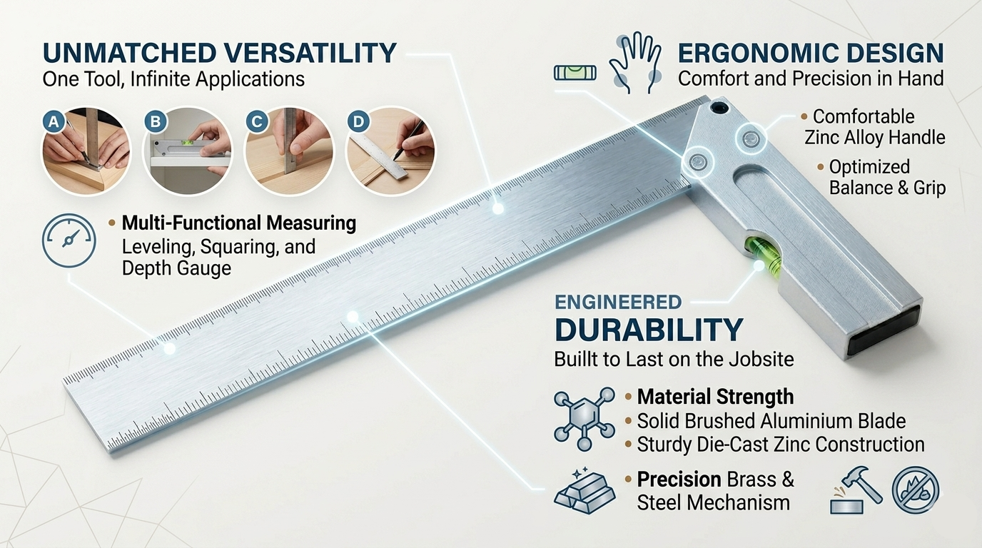 12" Aluminium Carpenter's Square with Spirit Level — 300mm Metric & Imperial Two-Sided Graduated Blade