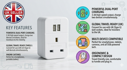 UK to EU and US Travel Plug Adaptor with 2 USB Ports – European American Holiday Adaptor 240V Dual USB Charging Socket