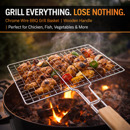Chrome Wire BBQ Grill Basket with Wooden Handle – Available in 3 Sizes: 25.5x26CM, 34.5x21.5CM & 22.5x34.5CM – Fish, Meat & Vegetable Grilling Basket for Charcoal & Gas Barbecue