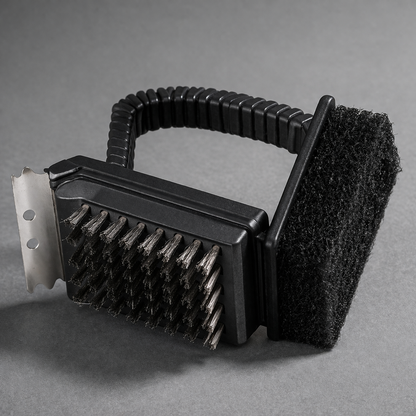 BBQ Grill Brush with Scraper & Abrasive Pad – 11.5 x 10 x 7CM Compact Hand Held Design, Wire Bristles, Metal Scraper Blade & Foam Scrub Pad – Barbecue Grate Cleaner for Gas & Charcoal Grills