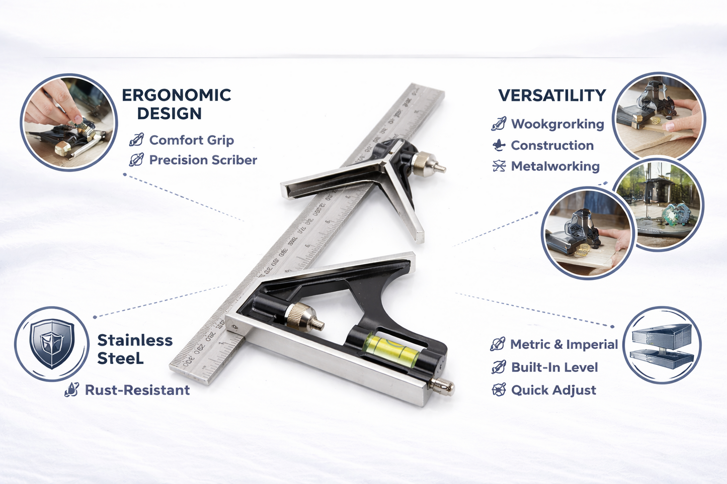 305mm Combination Square with Spirit Level and Scriber — 12" Metric & Imperial Graduated Rule with Machine Milled Faces