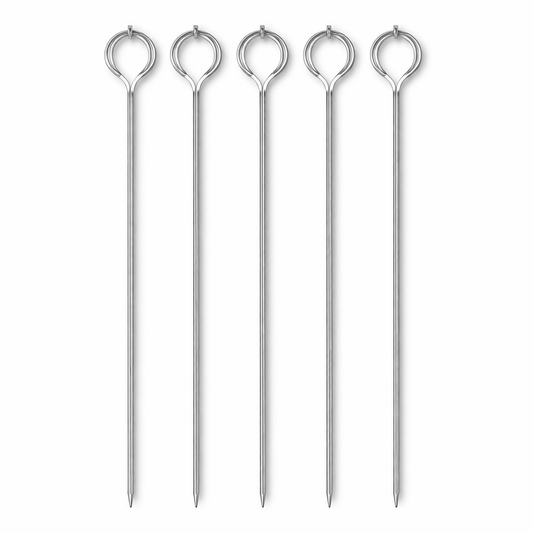 6 Piece Stainless Steel BBQ Skewers – 9 Inch Metal Kebab Skewers with Loop Handle, Reusable Flat Grilling Skewers for Meat, Chicken, Vegetables & Seafood, Outdoor Barbecue & Camping
