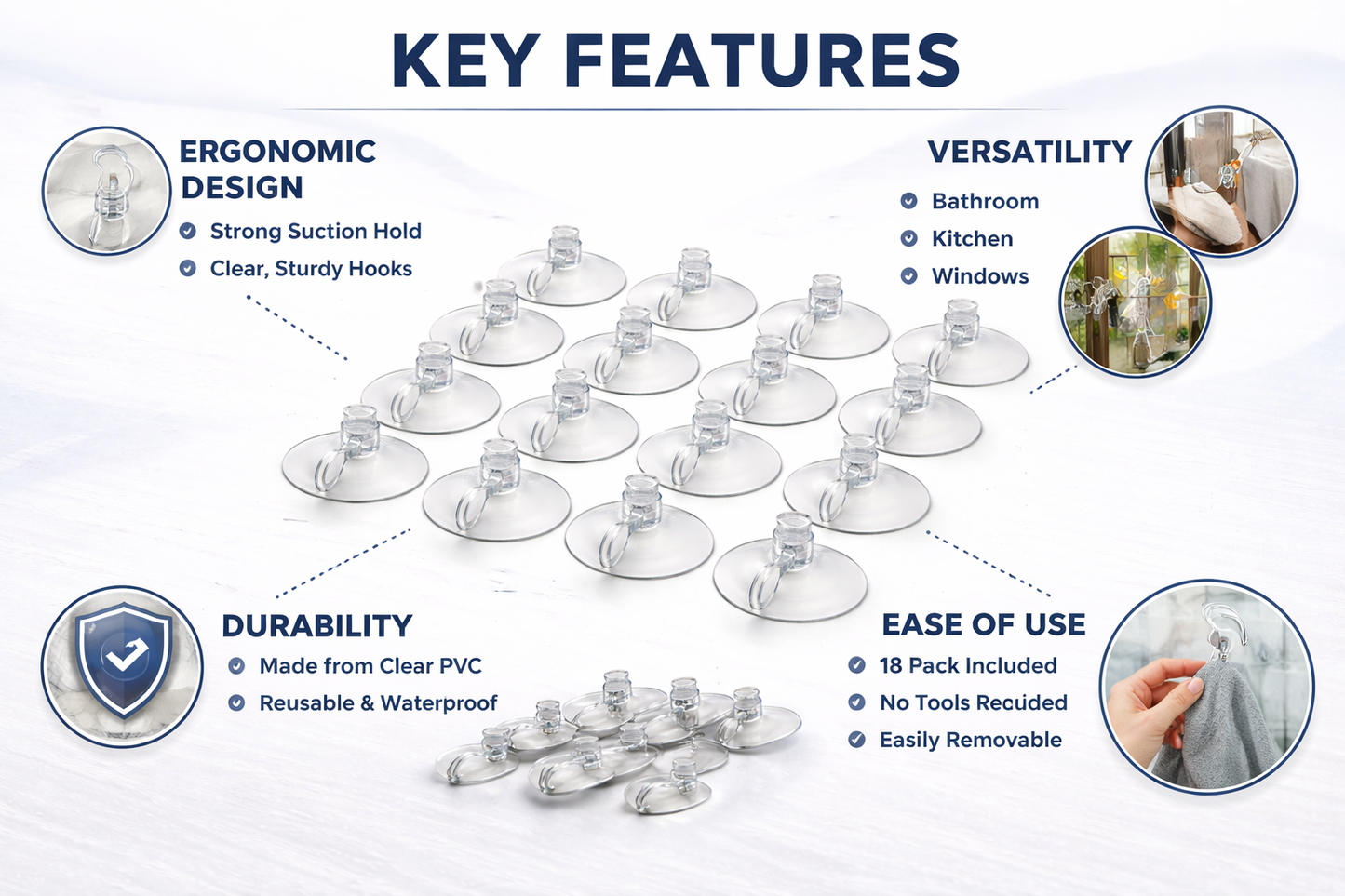 18-Piece Clear Suction Cup Hooks — Damage-Free Wall Hooks for Kitchen, Bathroom, Office & Home