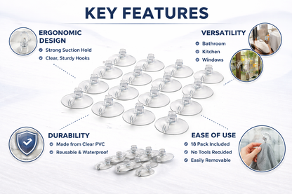 18-Piece Clear Suction Cup Hooks — Damage-Free Wall Hooks for Kitchen, Bathroom, Office & Home