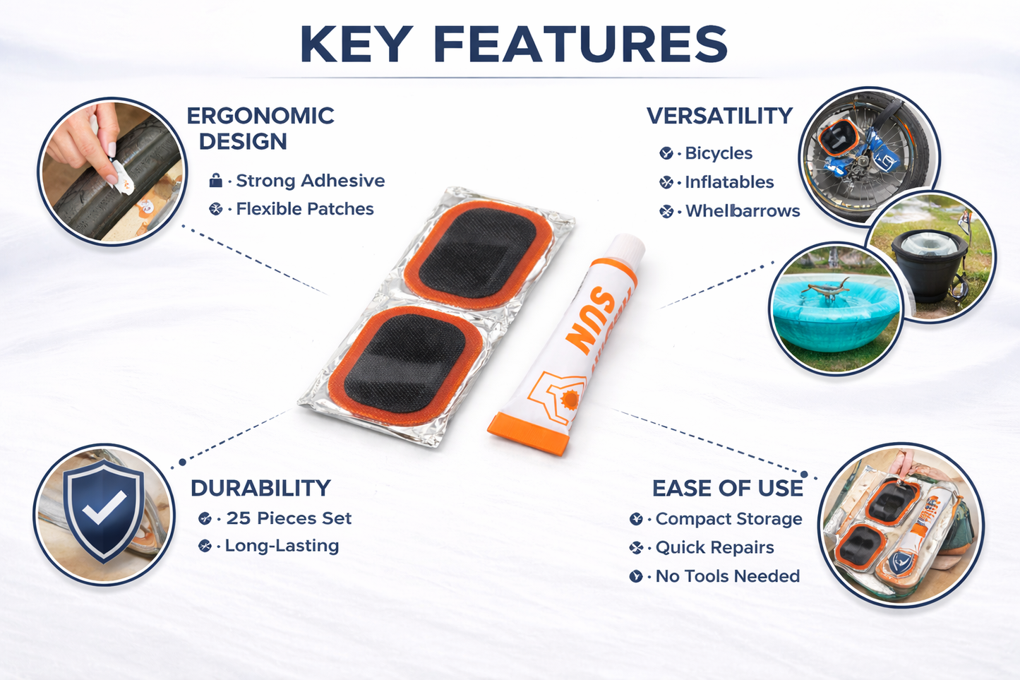 25-Piece Puncture Repair Kit — 24 Rubber Patches & Adhesive Cement for Bikes, Inflatables & Inner Tubes