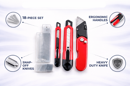 18-Piece Utility Knife Set — 2 Snap-Off Knives, 1 Retractable Utility Knife & 15 Spare Blades for DIY, Craft & Trade Use