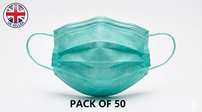 50 Disposable 3-Ply Face Masks – Non-Medical Respirators, Triple Folded, Adjustable Nose Clip, Teal
