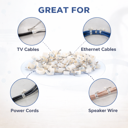 100-Piece Assorted Cable Clips with Nails — 6mm, 8mm & 10mm White Plastic Wire Clips for TV, Phone, Computer & Stereo Cables