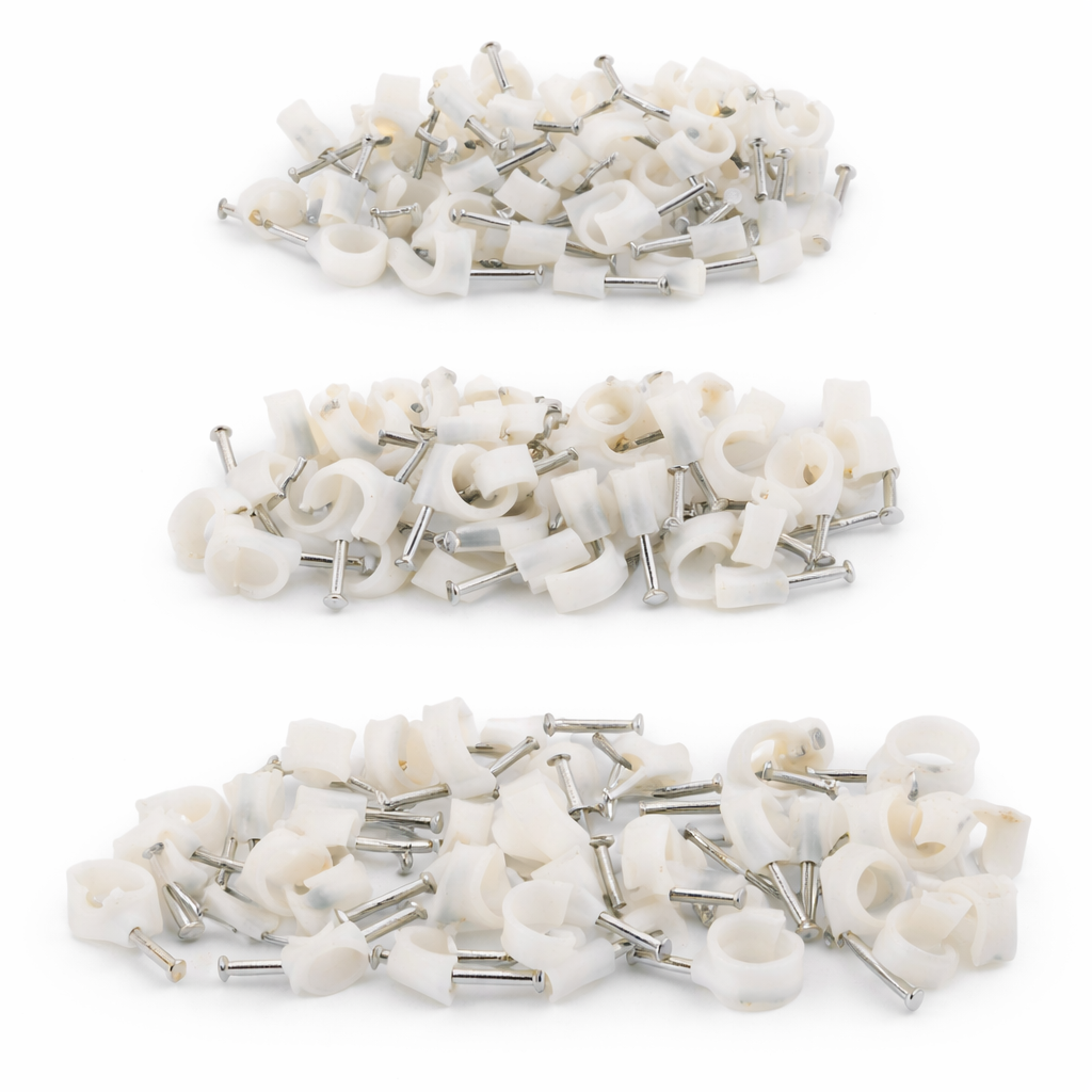 100-Piece Assorted Cable Clips with Nails — 6mm, 8mm & 10mm White Plastic Wire Clips for TV, Phone, Computer & Stereo Cables