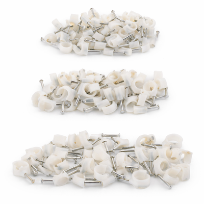 100-Piece Assorted Cable Clips with Nails — 6mm, 8mm & 10mm White Plastic Wire Clips for TV, Phone, Computer & Stereo Cables