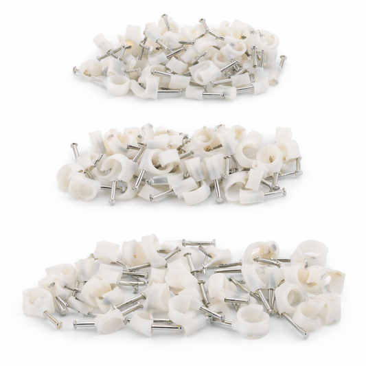 100-Piece Assorted Cable Clips with Nails — 6mm, 8mm & 10mm White Plastic Wire Clips for TV, Phone, Computer & Stereo Cables