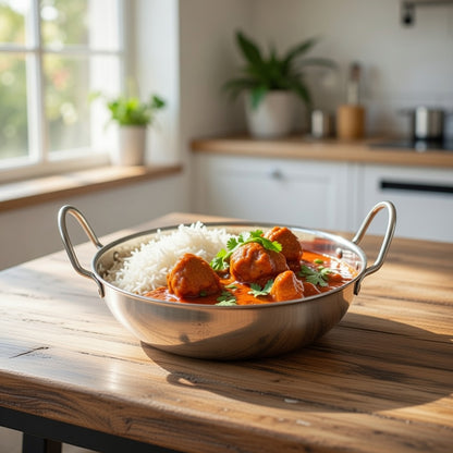 19cm Stainless Steel Balti Dish Kadai – Dual Handles, Polished Finish, Ideal for Cooking & Serving Curries