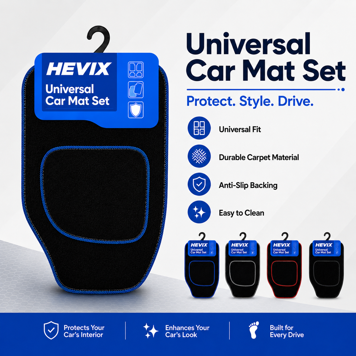 Universal 4-Piece Car Floor Mat Set – Black Carpet Mats with Red, Blue, Grey & Black Piping Options