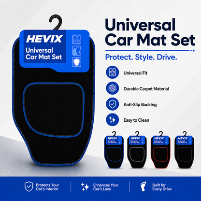 Universal 4-Piece Car Floor Mat Set – Black Carpet Mats with Red, Blue, Grey & Black Piping Options