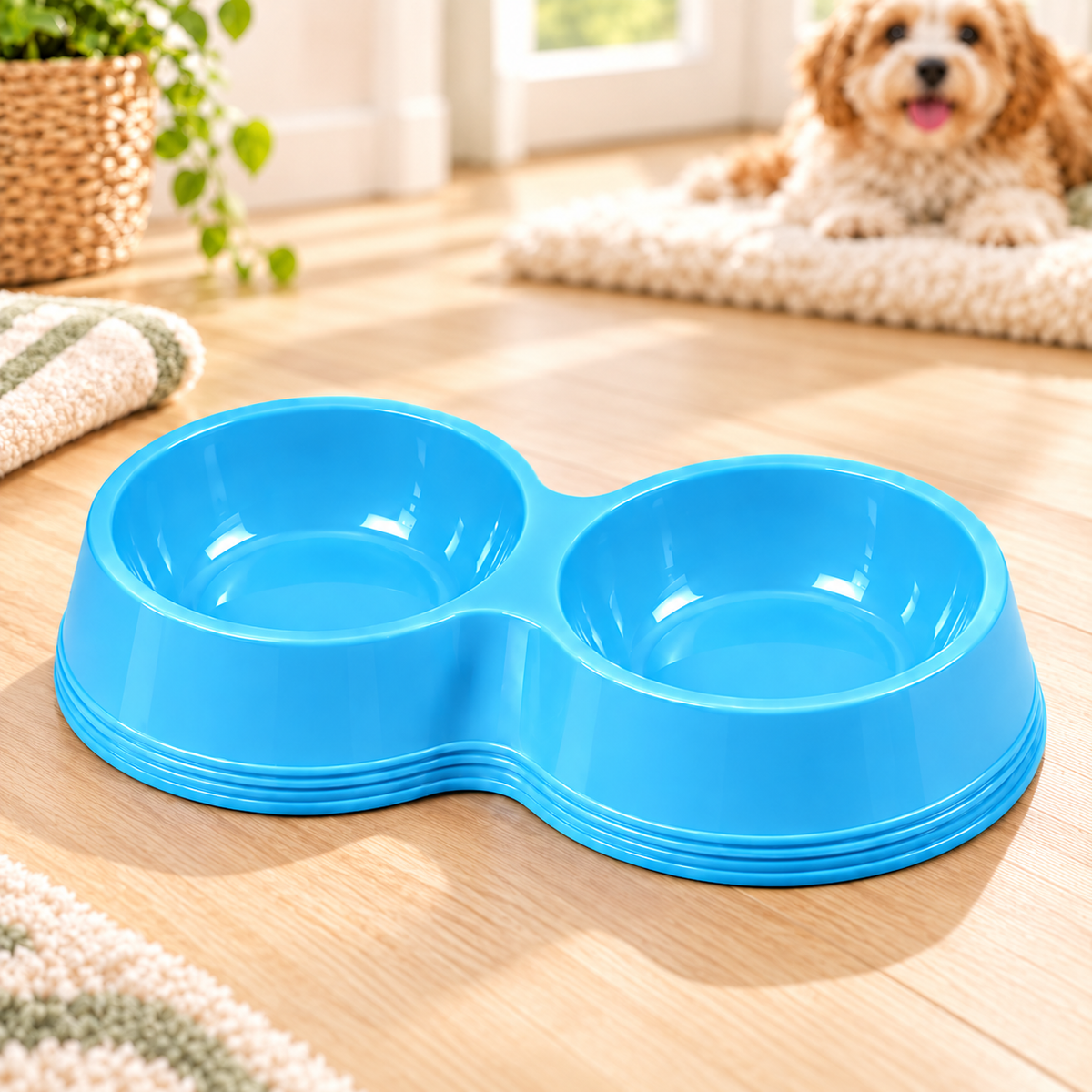 Double Pet Food and Water Bowl with Two Compartments – Lime Green, Sky Blue or Soft Pink