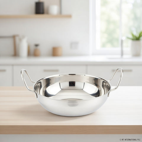 19cm Stainless Steel Balti Dish Kadai – Dual Handles, Polished Finish, Ideal for Cooking & Serving Curries