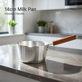 14cm Stainless Steel Milk Pan with Wooden Handle – Pouring Spout, Heat-Resistant Grip, Ideal for Heating & Boiling