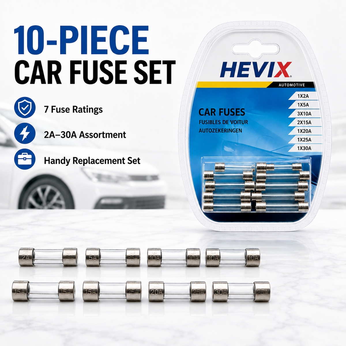 10-Piece Assorted Car Glass Fuse Set 2A–30A