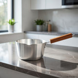 14cm Stainless Steel Milk Pan with Wooden Handle – Pouring Spout, Heat-Resistant Grip, Ideal for Heating & Boiling