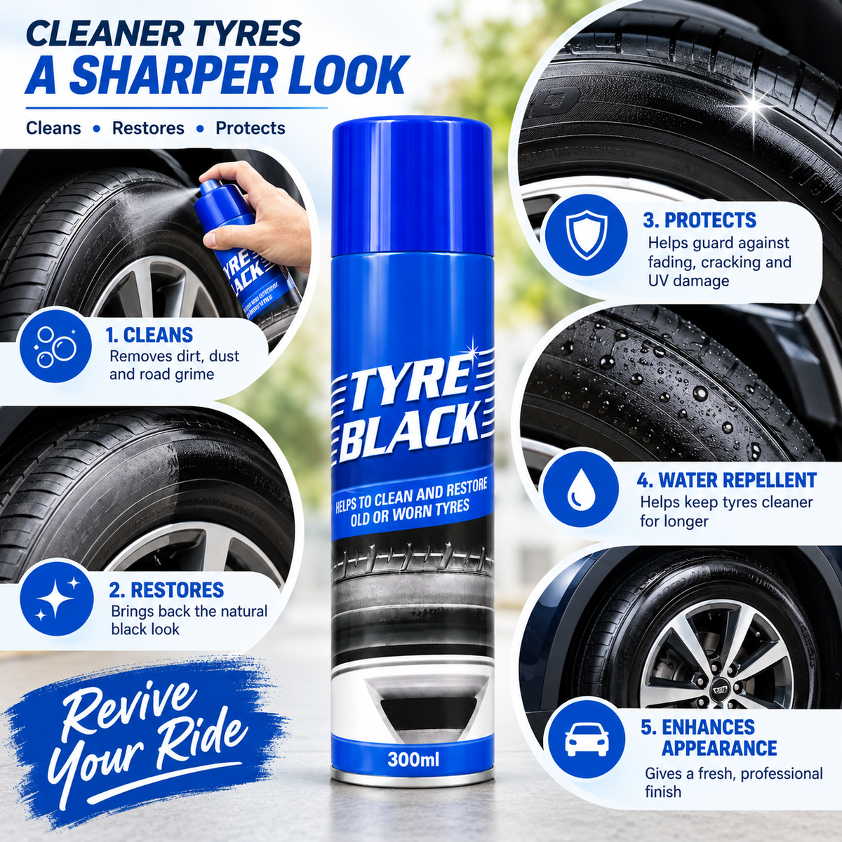 Tyre Black Spray – Cleans & Restores Old or Worn Tyres, 300ml