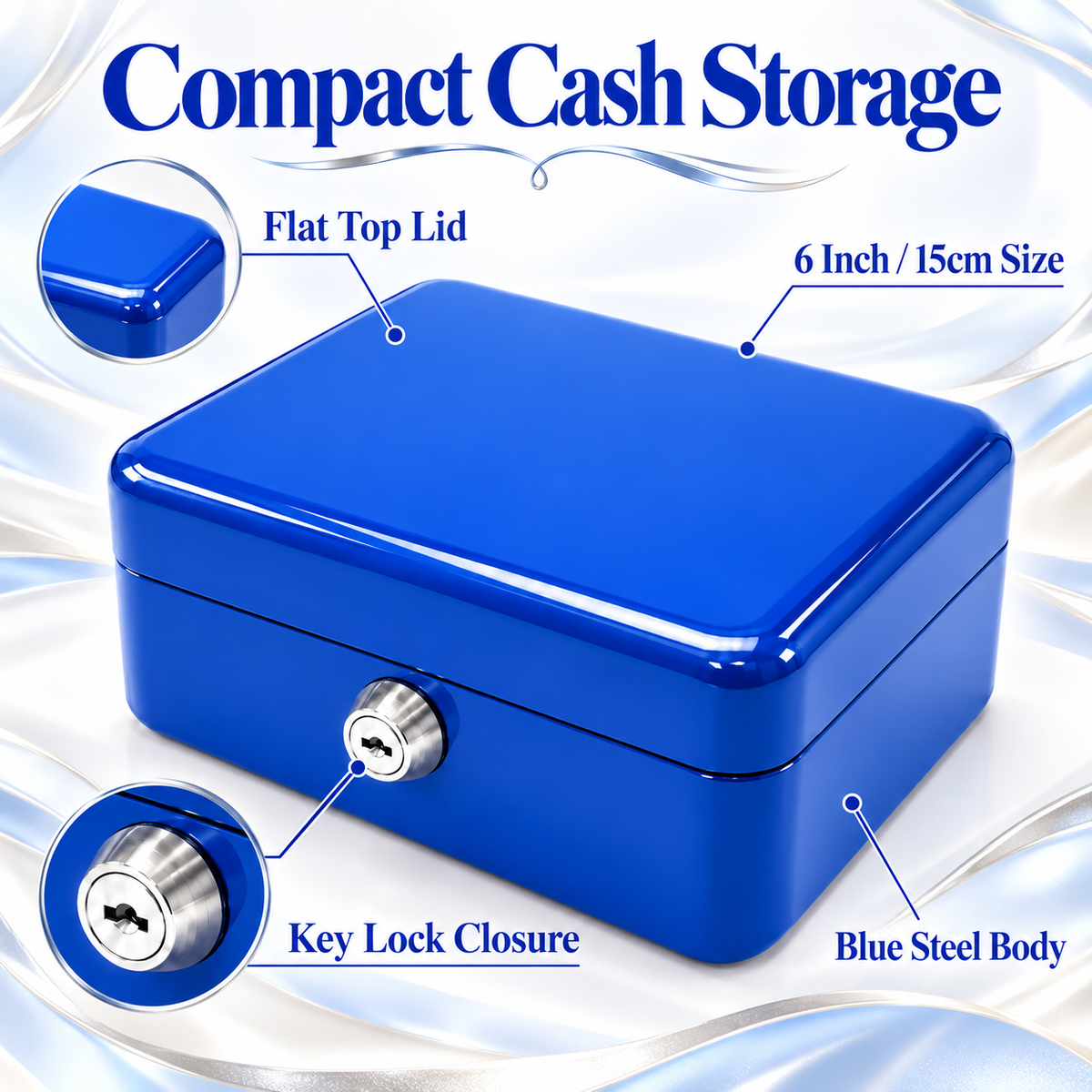 6 Inch Cash Box with Key Lock Red, Blue, Black