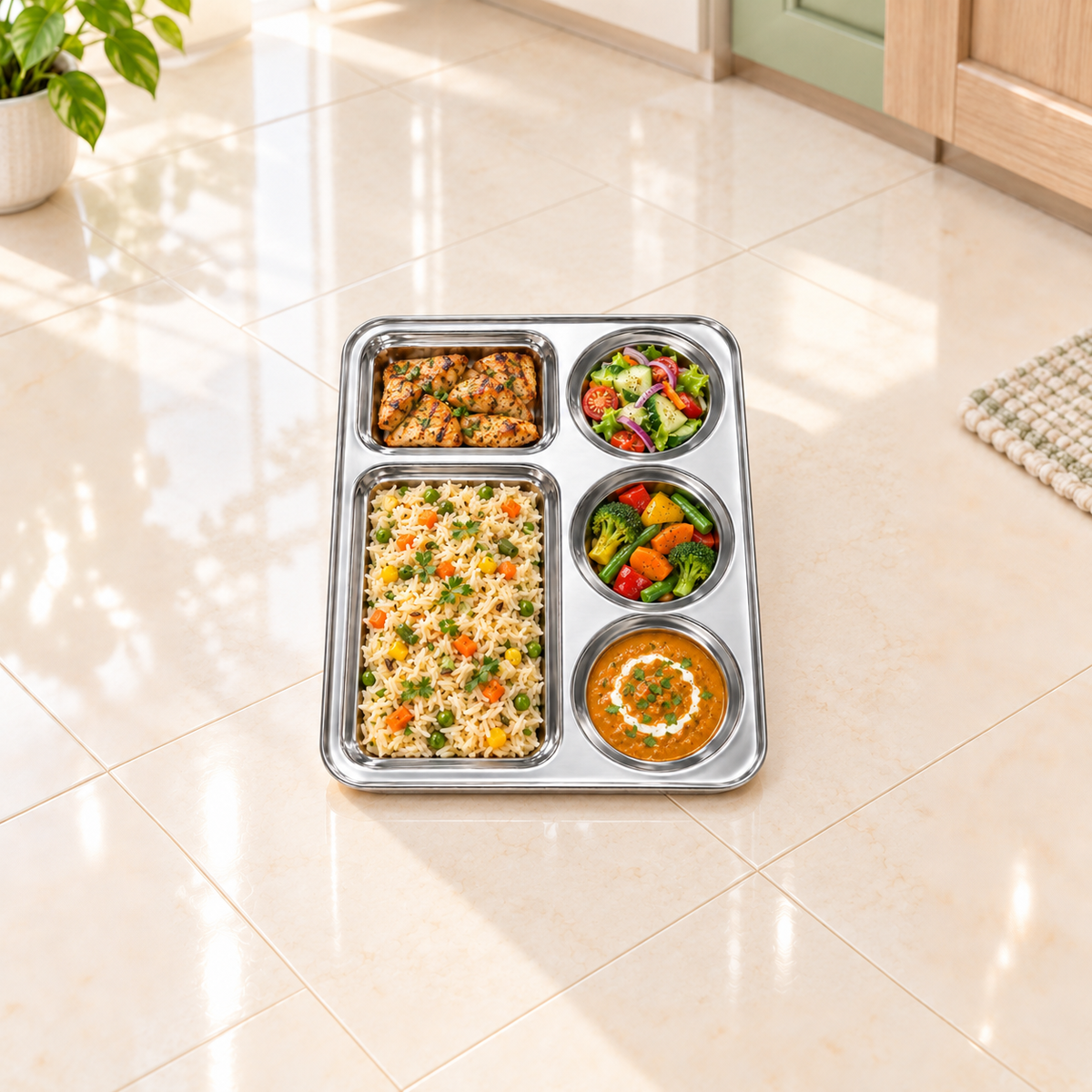 Stainless Steel 5 Compartment Rectangular L-Tray – 37x29cm Divided Mess Tray
