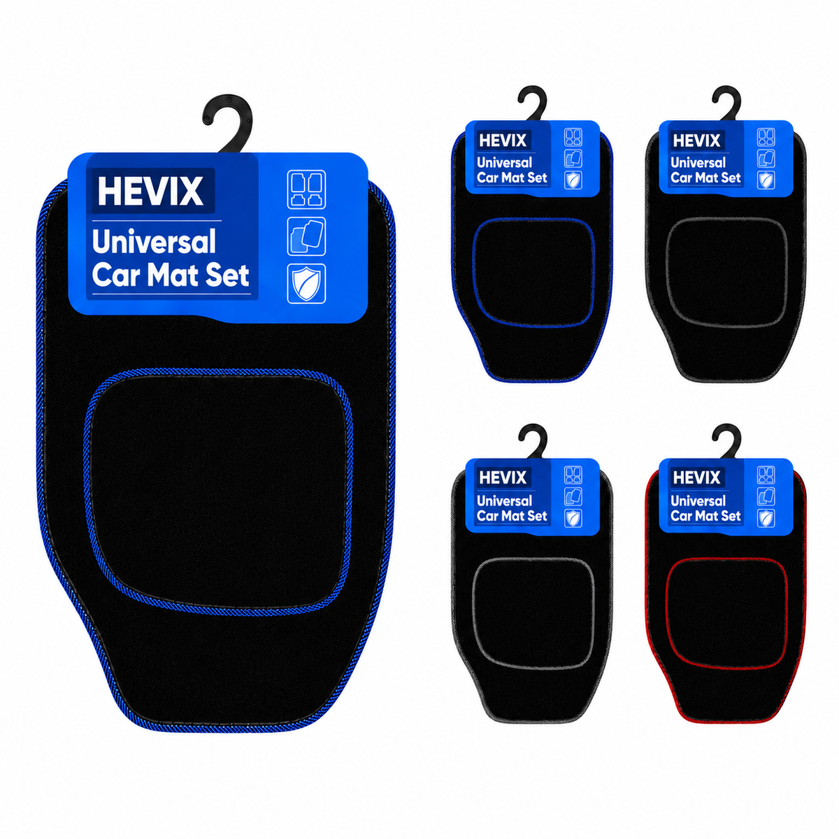 Universal 4-Piece Car Floor Mat Set – Black Carpet Mats with Red, Blue, Grey & Black Piping Options