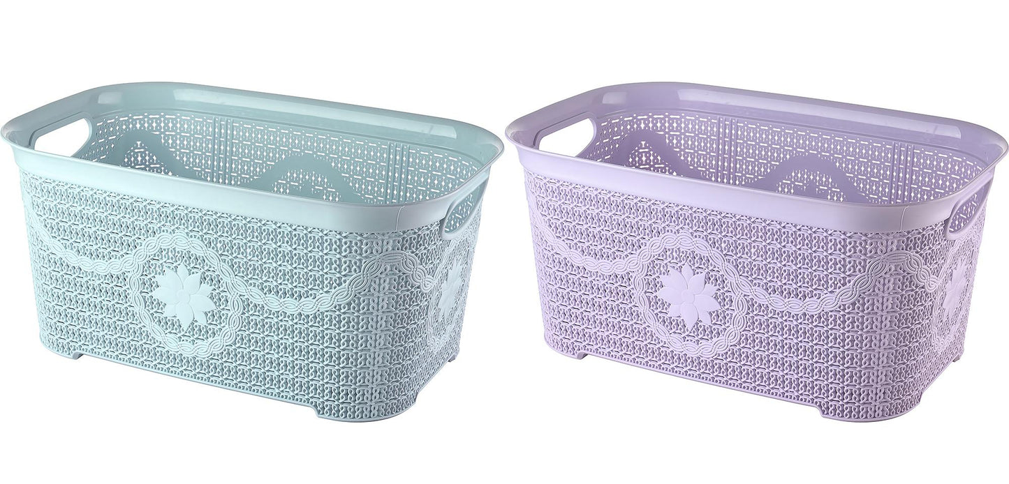 Lilac/ Pale Aqua Lace Pattern Laundry Basket – Plastic Rattan Style, Floral Detail, Ventilated, Cutout Handles