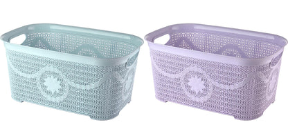 Lilac/ Pale Aqua Lace Pattern Laundry Basket – Plastic Rattan Style, Floral Detail, Ventilated, Cutout Handles