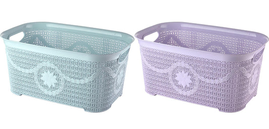 Lilac/ Pale Aqua Lace Pattern Laundry Basket – Plastic Rattan Style, Floral Detail, Ventilated, Cutout Handles