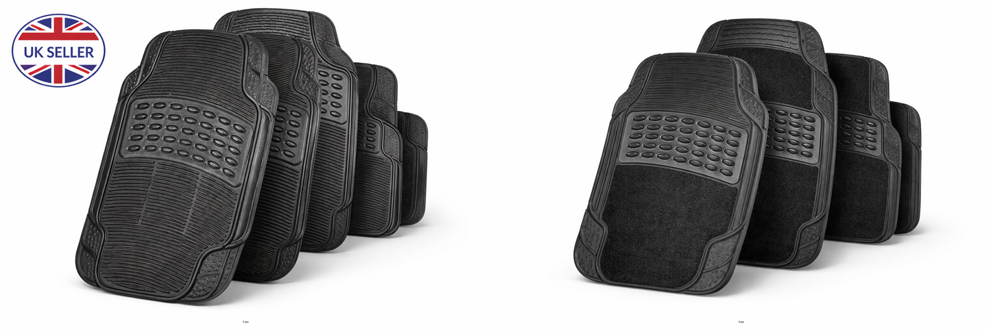 Heavy Duty 4 Piece and 5 Piece Car Mat Set – Rubber and Carpet, Universal Fit, Non-Slip, Black