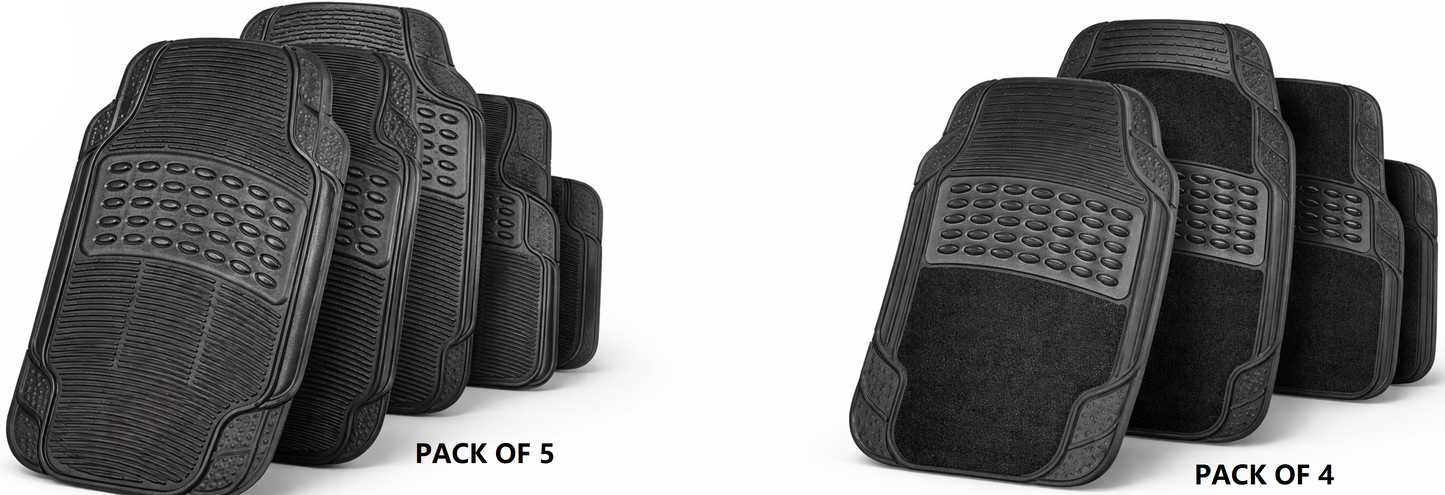 Heavy Duty 4 Piece and 5 Piece Car Mat Set – Rubber and Carpet, Universal Fit, Non-Slip, Black