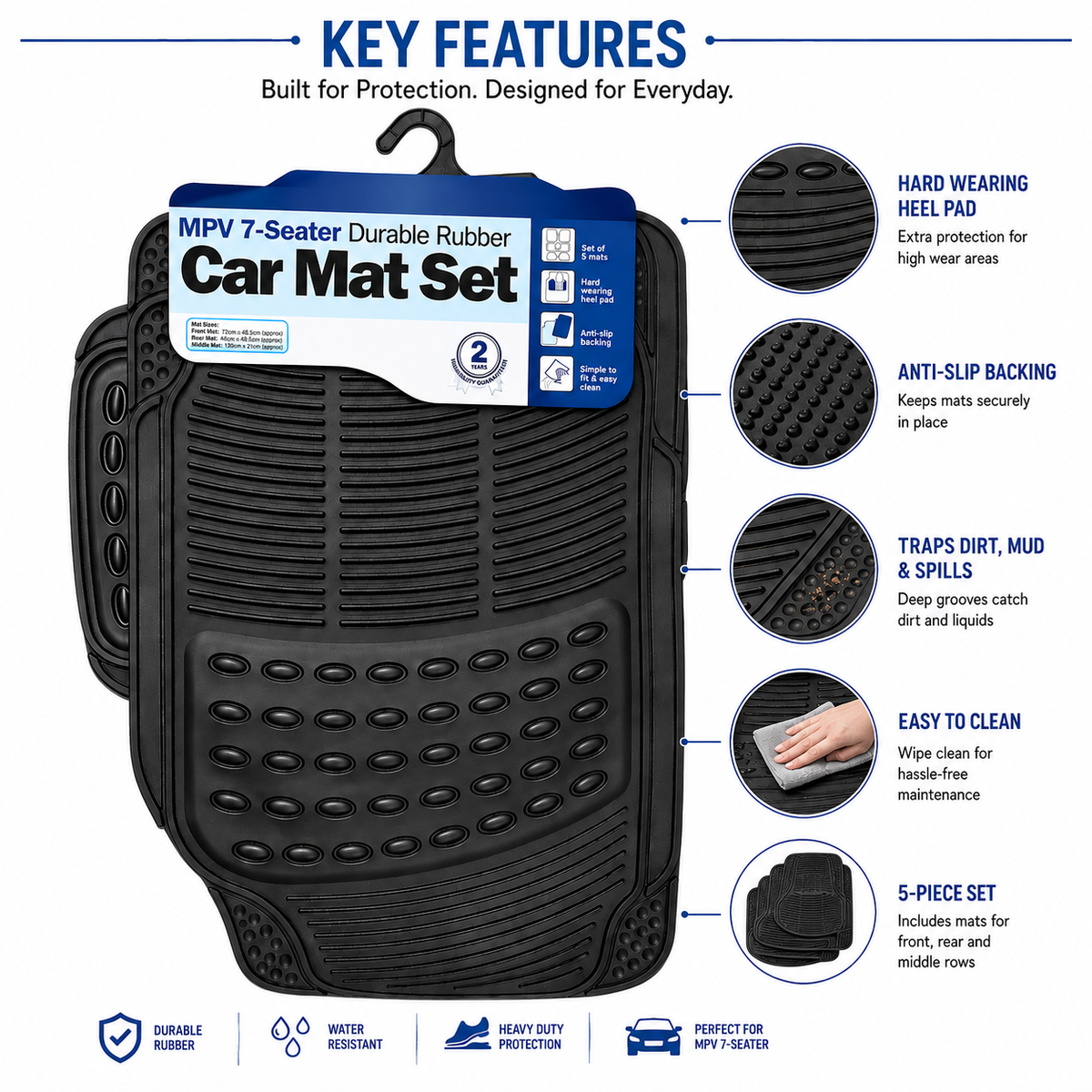 Universal 4 Piece Rubber & Carpet Car Mat Set | Heavy Duty Anti-Slip Floor Mats