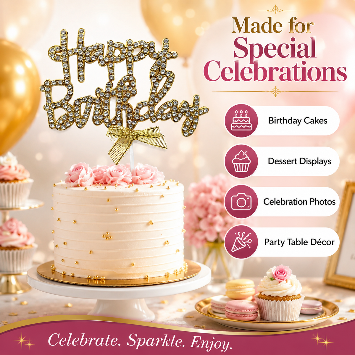 Gold Happy Birthday Cake Topper