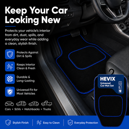 Universal 4-Piece Car Floor Mat Set – Black Carpet Mats with Red, Blue, Grey & Black Piping Options