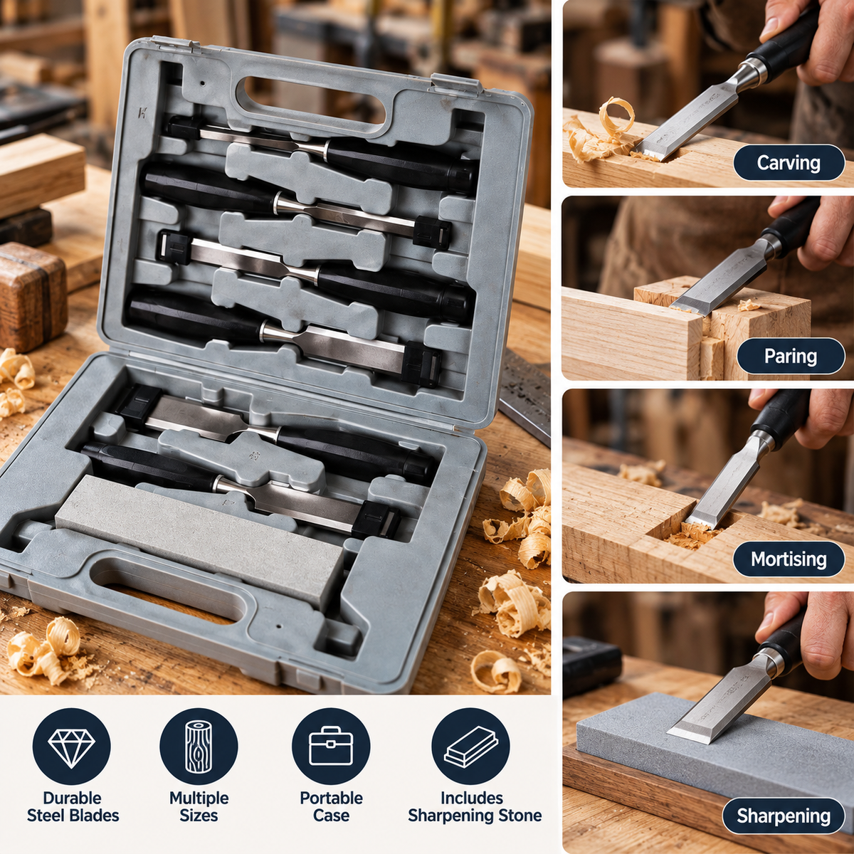 7Pc Wood Chisel Set / Sharpening Stone & Case