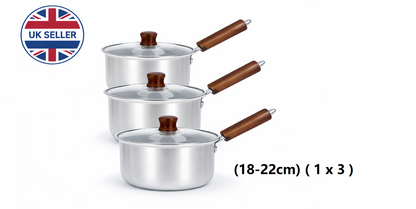 3 Piece Aluminium Saucepan Set with Lids & Wooden Handles – 6 Piece Cookware Set for Gas, Electric & Ceramic Hobs