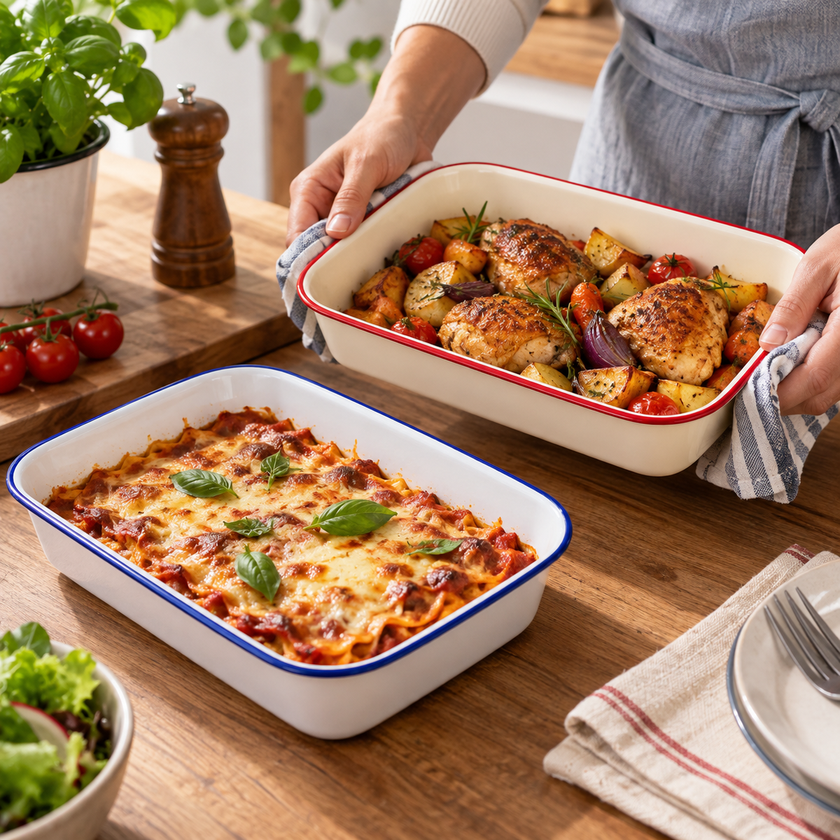 Enamel Bake Pan 34cm | Cream/Red or White/Blue Rim