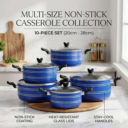 10 Piece Non-Stick Casserole Pot Set 20CM–28CM – 5 Graduated Deep Pots with Heat-Resistant Glass Lids & Stay-Cool Handles – Available in Red, Grey, Black & Blue – Gas & Electric Hob