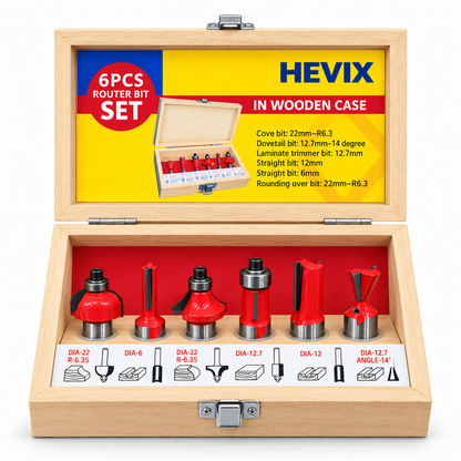 6-Piece Wood Router Bit Set with Wooden Storage Case