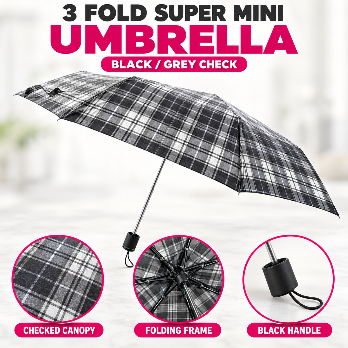 3 Fold Checked Mini Umbrella – Red Navy Purple Yellow Black Grey
