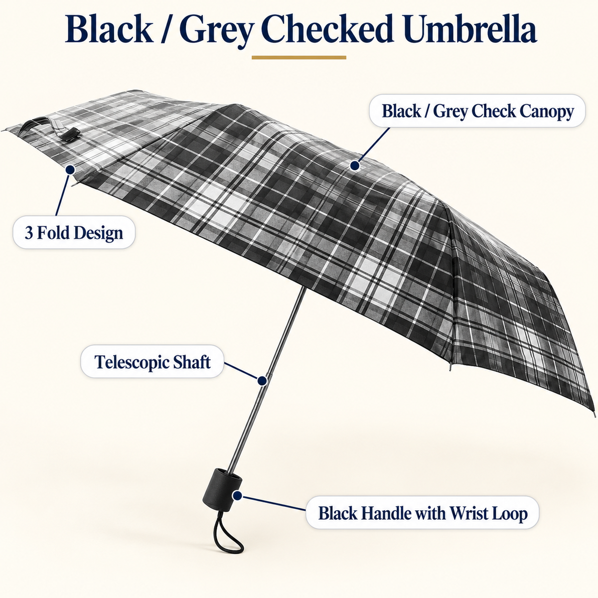 3 Fold Checked Mini Umbrella – Red Navy Purple Yellow Black Grey